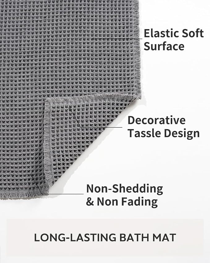 tchdio Waffle Bath Mat Rug, Super Absorbent Non Slip Bath Mats for Bathroom Mat Ultra Soft Bathmat Machine Washable Bathroom Rugs with Tassels, Bath Rugs Beside Tub, 17" x 24"