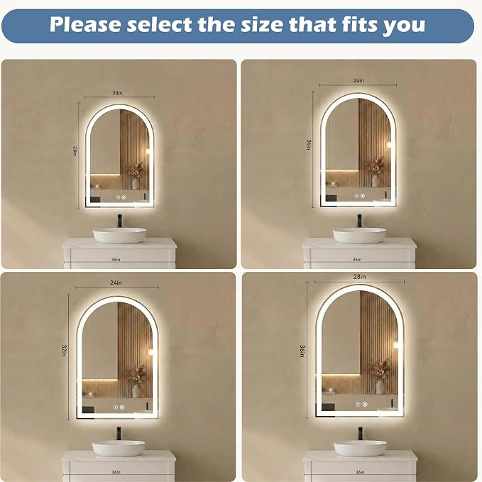DUMOS 24"x32" LED Bathroom Mirror with Lights, Arched Vanity Mirror | Anti-Fog, Dimmable, 3-Color Light, Memory Function, Front Light and Backlit, Tempered Glass