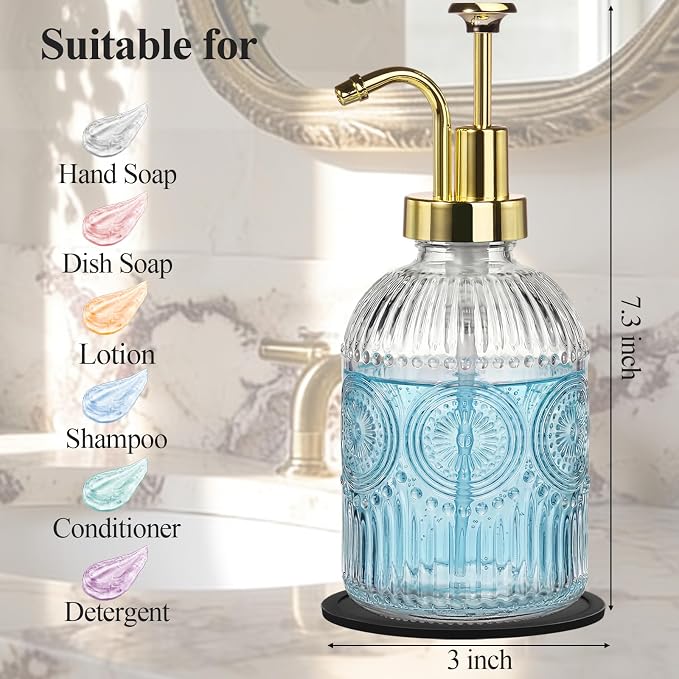 SheeChung 12oz Vintage Glass Soap Dispenser with Gold Pump, Clear, 1 Pack | Refillable Dish and Hand Soap Dispenser for Bathroom Kitchen, Rustic Liquid Lotion Bottle,BPA-Free,Funnel,Mat,Farmhouse Decor
