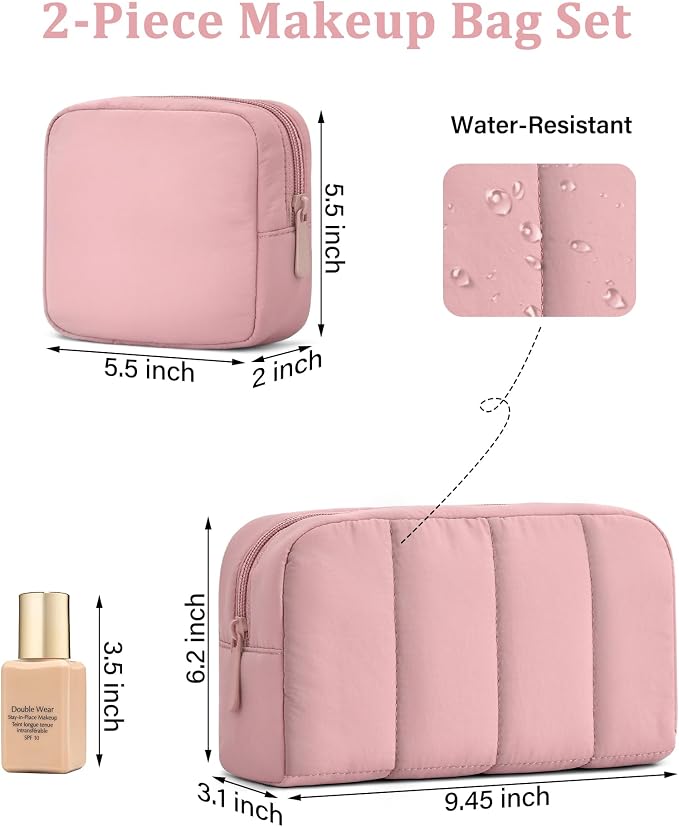 2 Pcs Makeup Bag Travel Toiletry Bag for Women Puffy Padded Cosmetic Pouch Purse Wide-open Makeup Organizer Case Travel Essentials