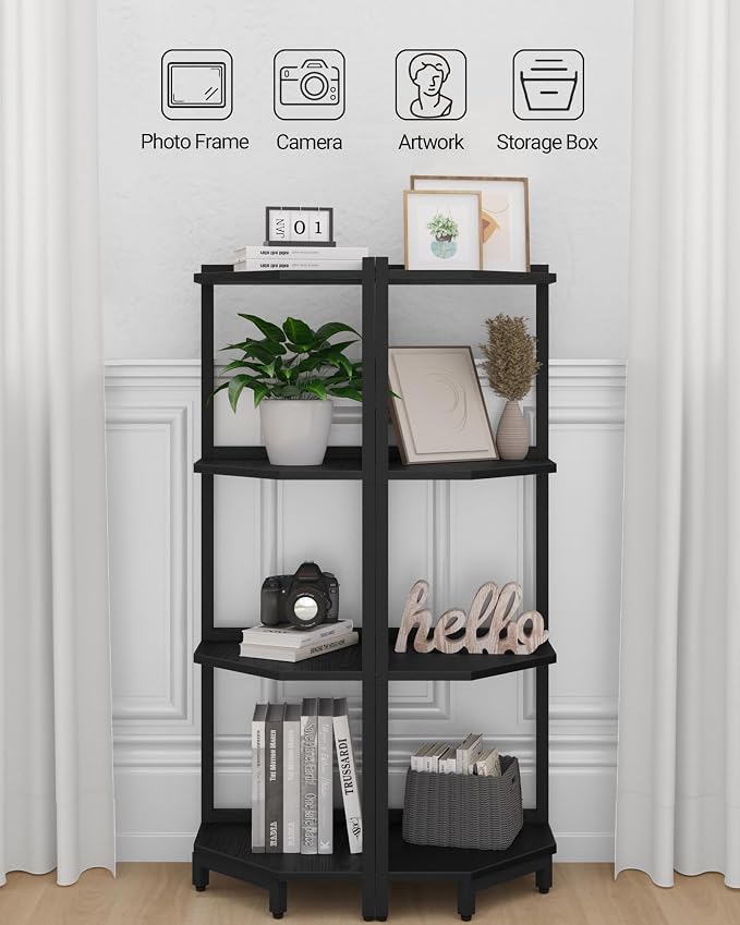 Hzuaneri Corner Shelf Stand 4-Tier Corner Bookshelf Storage Standing Shelf | Bookcase Plant Stand with Metal Frame for Living Room, Home Office, Bedroom, Black CS05806B