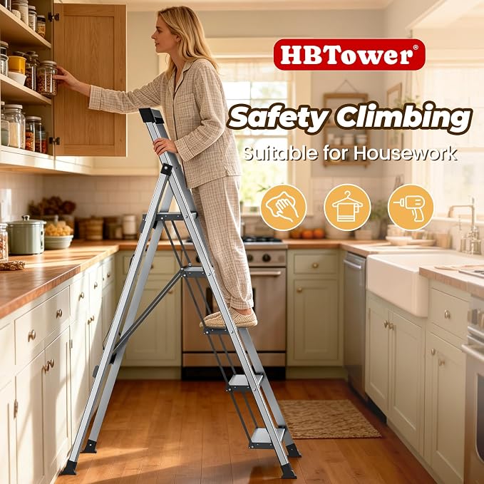 HBTower 5 Step Ladder, Lightweight Aluminum Folding Step Stool | Anti-Slip Wide Pedal, 330lbs Capacity Step Ladder for Household Kitchen Office, Silver