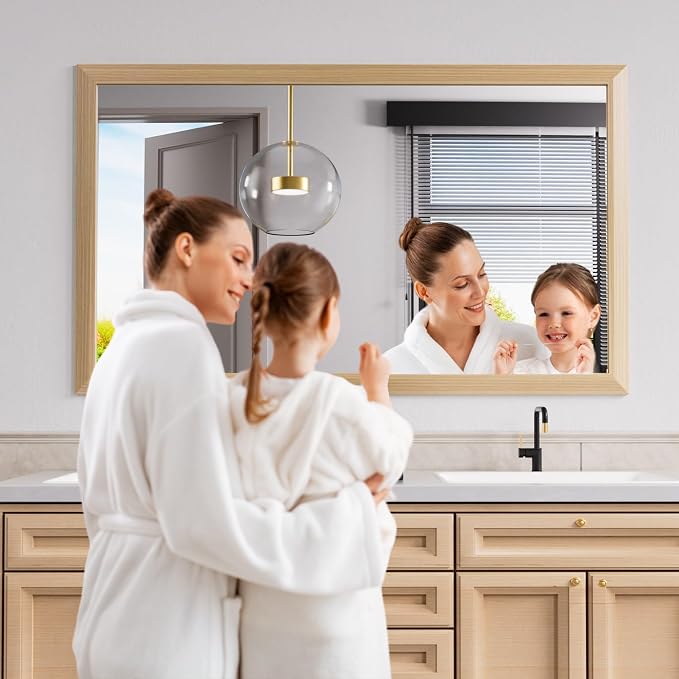 Bathroom Mirror, 60" X36" (Oak Wood Grain) | Metal Frame Mirror for Wall, HD Reflection, Anti-Rust, Horizontally/Vertically, Suitable for Bathroom, Farmhouse, Entryway