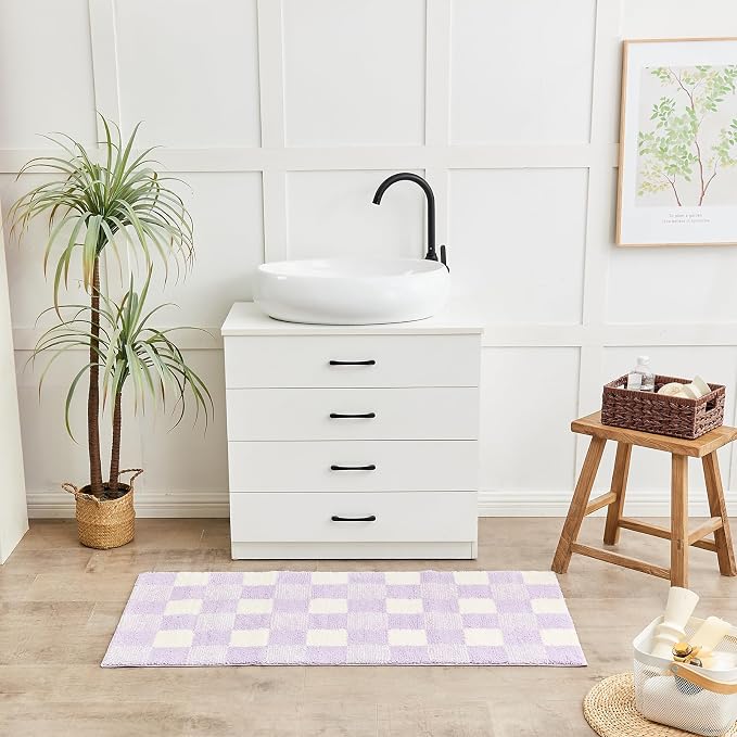 CozeCube Lavender Checkered Bath Mat 47"x24" Non Slip Washable Rug | For Bathroom Non Slip, Fluffy Absorbent Microfiber Bath Mats Machine Wash, Stylish Long Aesthetic Bathroom Rugs
