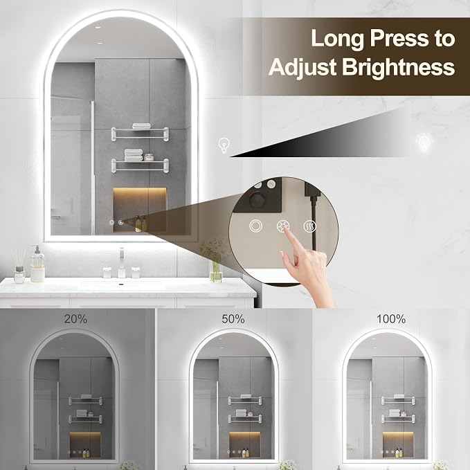 24"x36" Arched LED Lighted Bathroom Mirror with Lights | Silver Aluminum Frame, Fogless, Dimmable, Shatterproof, Touch Sensor, 3 Color Changing