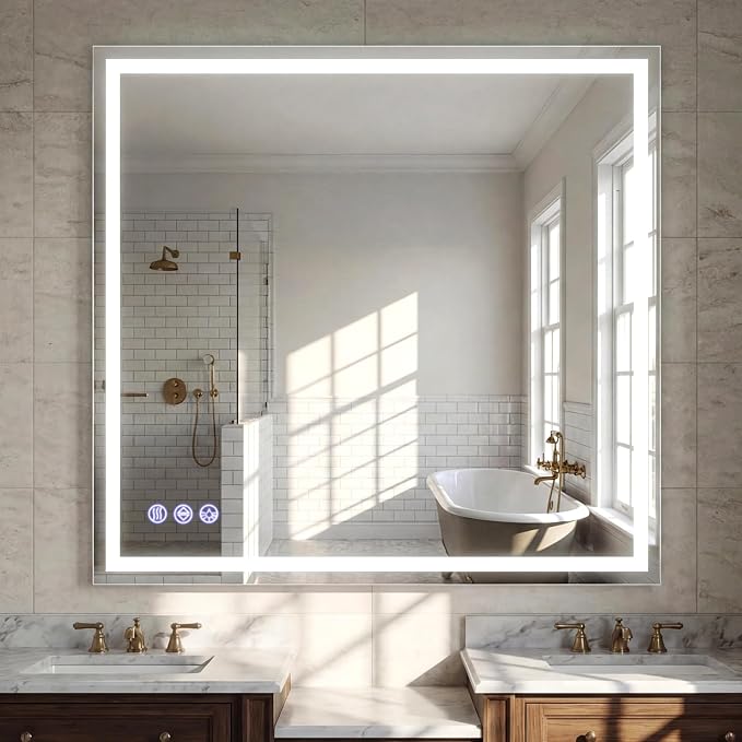 Large Bathroom Mirror with Lights 47 x 47 Inch - 3 Adjustable Lighting Modes Square LED Bathroom Vanity Mirror, Anti-Fog, Memory Function, Tempered Glass, Wall Mounted Horizontally Vertically