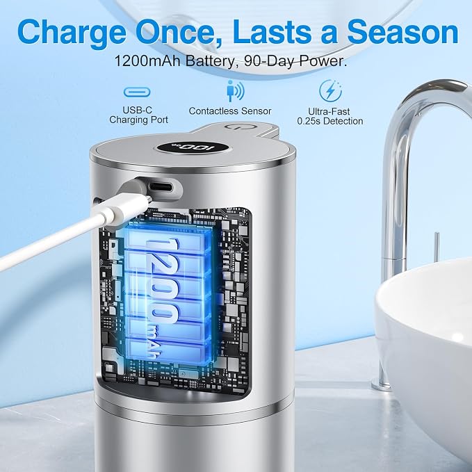 Fachixy Automatic Liquid Soap Dispenser Touchless, Smart Digital Display | 12.8oz/380mL, Up to 90 Days Battery Life, 6 Adjustable Level, Rechargeable, Wall Mountable IPX5 for Kitchen & Bathroom,Silver