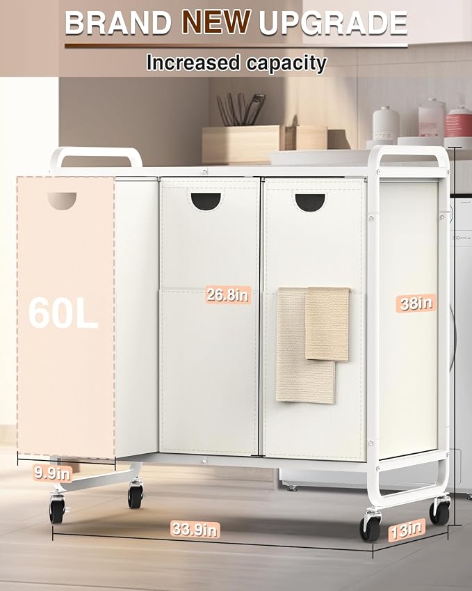 Laundry Hamper 3 Section,Laundry Basket with Wheels,3×15.8 Gal (60L) White | Laundry Room Organization with Wooden Desktop Shelf,Pull-Out and Removable 900D Oxford Fabric Laundry Bags for Laundry Room