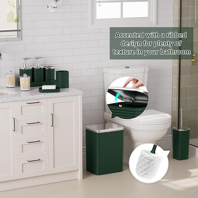 Bathroom Set - 10PC Bathroom Accessory Set, Green Bathroom Set, Luxury Bathroom Accessories Set, Trash Can, Toilet Brush, Soap Dish, Qtip Holder & Soap Dispenser
