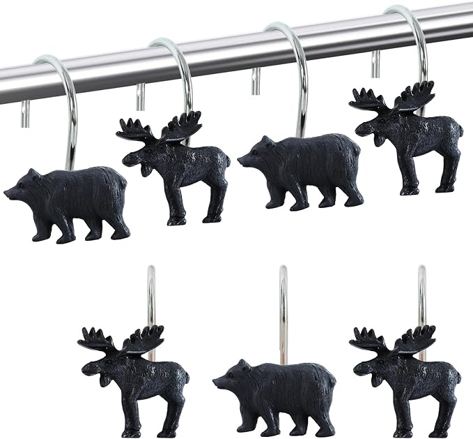 12-Piece Deer Bear Western Farmhouse Rustic Shower Curtain Hooks | Decorative Shower Curtain Hooks for Bathroom, Stainless Steel Shower Hangers Rings