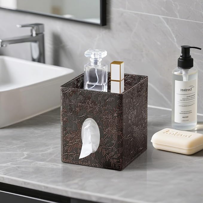 Square Tissue Box Cover, Stylish Leather Tissue Box Holder with Magnetic Bottom, Used As A Decorative Tissue Holder for Living Rooms, (Beige Woven Pattern) (Two-Layer Brown Grape Pattern)