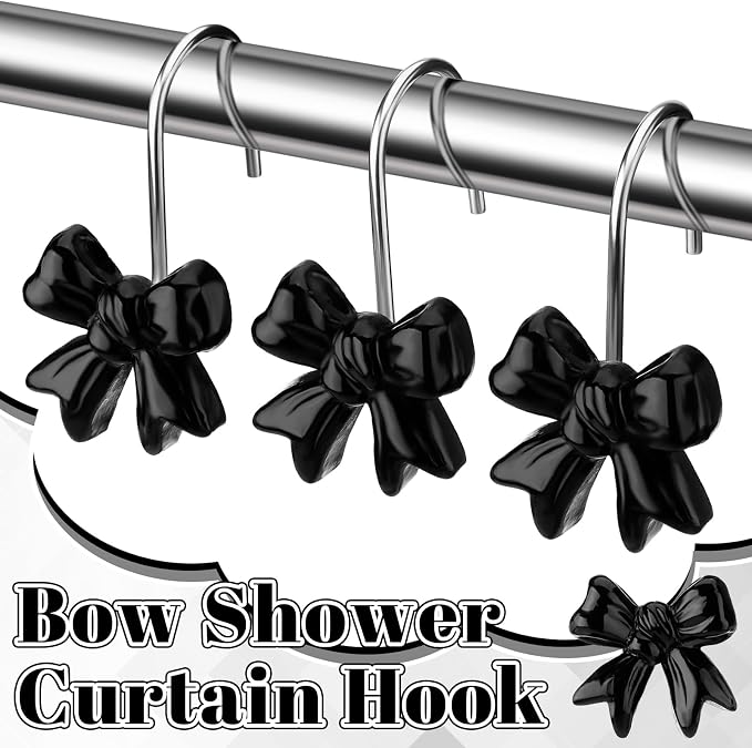 Yaocom 12 Pcs Black Bow Shower Curtain Hooks Christmas Rustproof Metal | Decorative Bow Knot Design Rings, Smooth Glide, Bulk Set for Bathroom Bedroom Living Room Art Decor, Classic Style Hangers