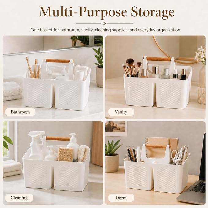 Plastic White Shower Caddy Basket with 3 Compartments, Portable Divided Bathroom Cleaning Caddy Organizer Storage Tote with Handle for Dorm, College, Room Essentials