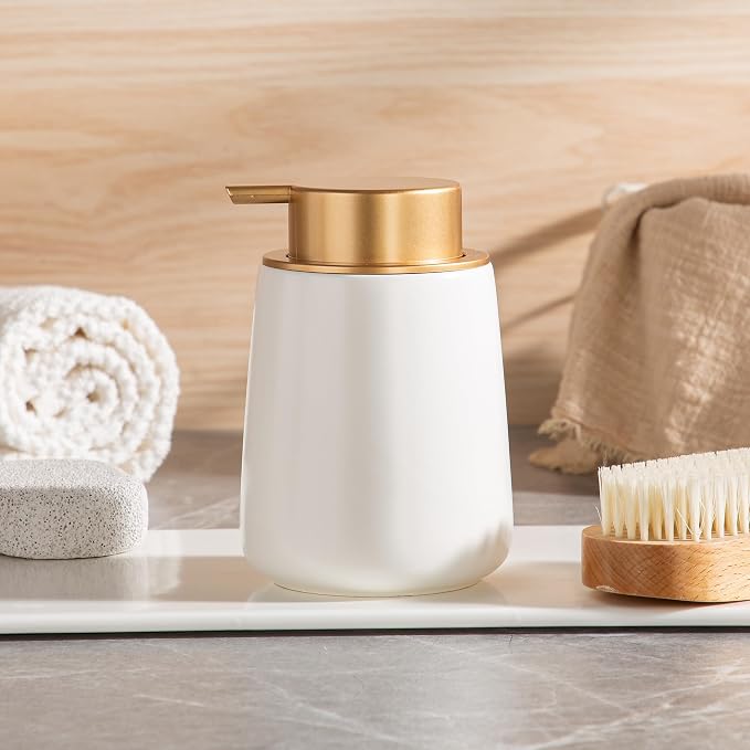 Enra Foaming Soap Dispenser, White Ceramic Hand Soap Dispenser Gold Pump | 12oz Ceramic Body with Wide-Mouth Refill Opening. Neutral Gray Finish Adds Style to Kitchens, Vanities and Countertops.