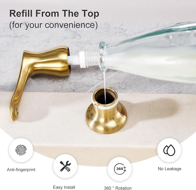 Gold Kitchen Sink Soap Dispenser with 17 OZ Bottle | Soap Dispenser for Kitchen Sink, Built in Soap Dispenser, Liquid Dispenser, Refill from The Top, G086BG