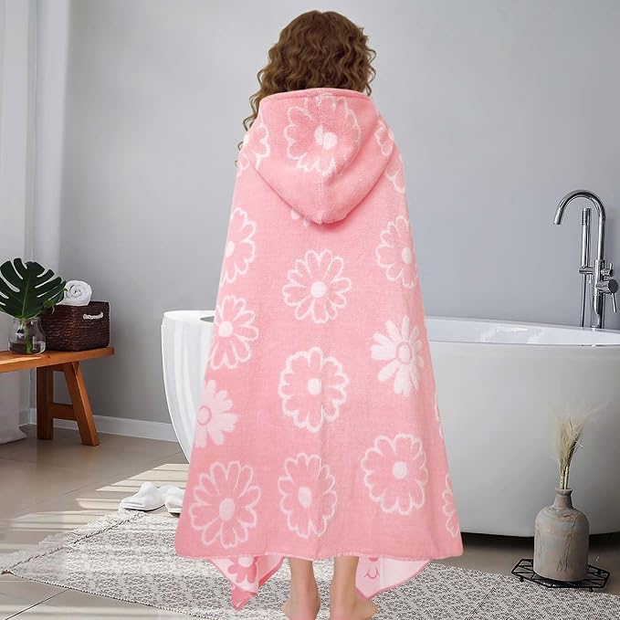 VOOVA & MOVAS Big Kids Hooded Towel Wrap, 8+, 100% Cotton, Thick,Daisy | Floral Daisy Jacquard, Soft, Absorbent & Quick Dry, Ideal for Girls’ Bath, Beach and Swim
