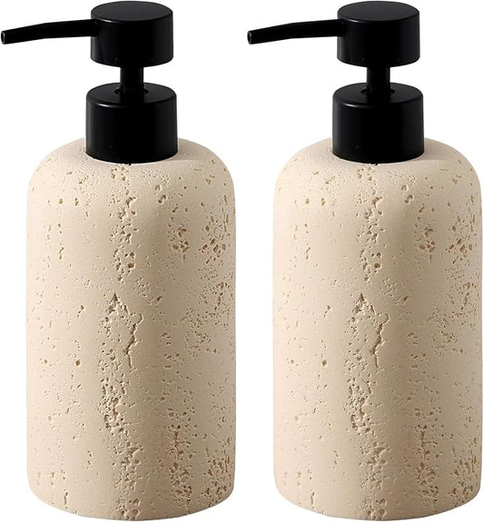 2 PCS Hand Soap Dispenser Set,13.53 OZ,Faux Travertine,Yellow | Modern,Refillable Empty Bottle Pump For Hand Dish Soap,Shampoo and Conditioner,Lotion Jar,for Bathroom Countertop Kitchen