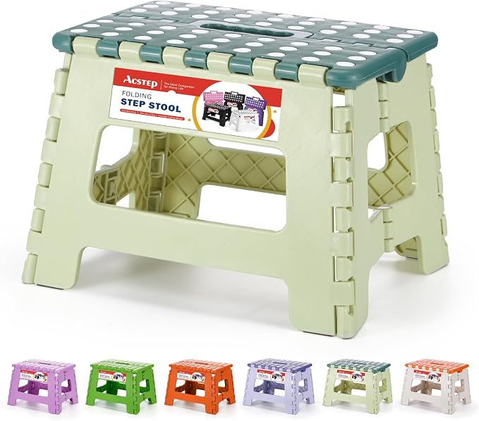 Folding Step Stool 9 Inch for Kids, 300 lbs, Bicolor Green | Lightweight Plastic Small Foldable Step Stool with Handle, Non-Slip, for Kitchen, Bathroom, Bedroom and Closet