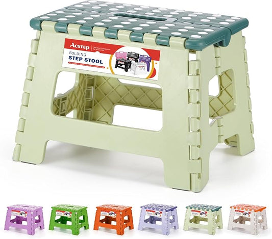 Folding Step Stool 9 Inch for Kids, 300 lbs, Bicolor Green | Lightweight Plastic Small Foldable Step Stool with Handle, Non-Slip, for Kitchen, Bathroom, Bedroom and Closet