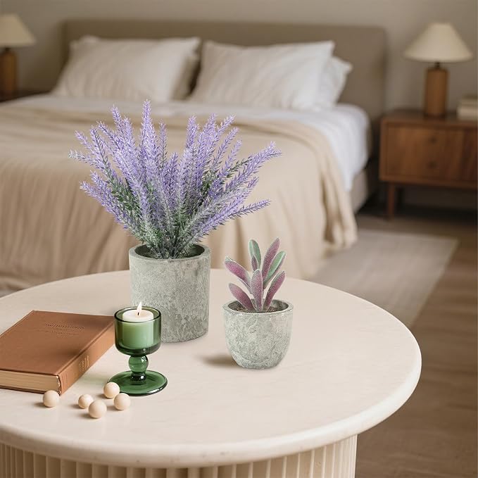 ALAGIRLS 4 Packs Fake Plants Lavender Artificial Plants | Fake Lavender Flowers, Eucalyptus Succulents Plants, Potted Faux Plants for Home Indoor Office Bathroom Living Room Decor