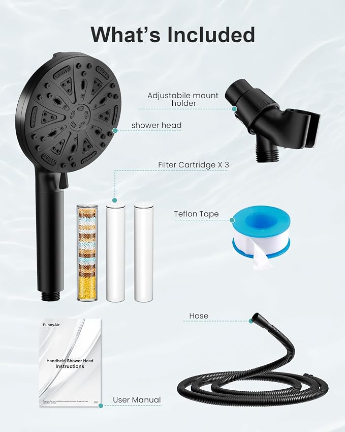 Filtered Handheld Shower Head, 9 Spray Modes High Pressure, 3 Replacement Filters Included, Hard Water Softener 20-Stage Filtration, Remove Chlorine, Relieve Dry Itchy Skin, 3 Filters-Black