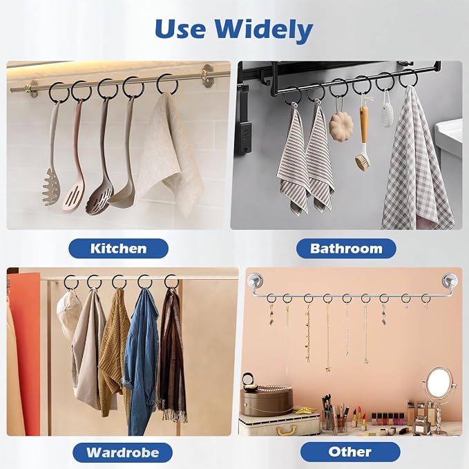 Kutesna 24PCS Shower Curtain Hooks,Black Shower Curtain Rings | Plastic Shower Hooks,Easy to Snap Closure,Rust Proof Anti-Drop Shower Rings,Smooth Sliding Curtain Hooks for Shower Curtains