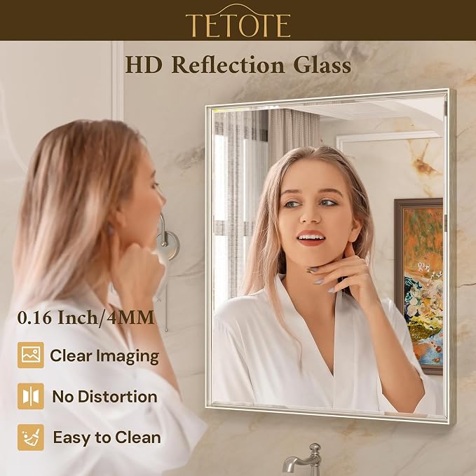 Brushed Nickel Bathroom Mirror 40 x 30 Inch Beveled Frame Vanity Mirror, Tempered Glass, Shatterproof, for Modern Bedroom, Entryway, Living Room