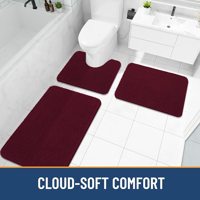 Arotive Chenille Toilet Rugs U-Shaped 24x20, Soft Absorbent Contoured Rugs | Burgundy, Rubber Backing, Coutoured Bath Rugs for Toilet, Machine Washable Bath Mats, Home Decor Accessories