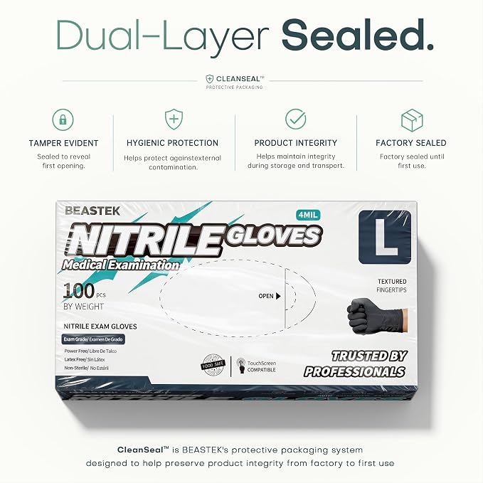 Black Nitrile Exam Gloves, 4 Mil, Powder-Free Food Prep Disposable | Soft+ • Powder-Free • Latex-Free • Medical • Examination • Cooking • Cleaning • Food Prep • Tattoo • Black • 100 Ct & 1000 Ct