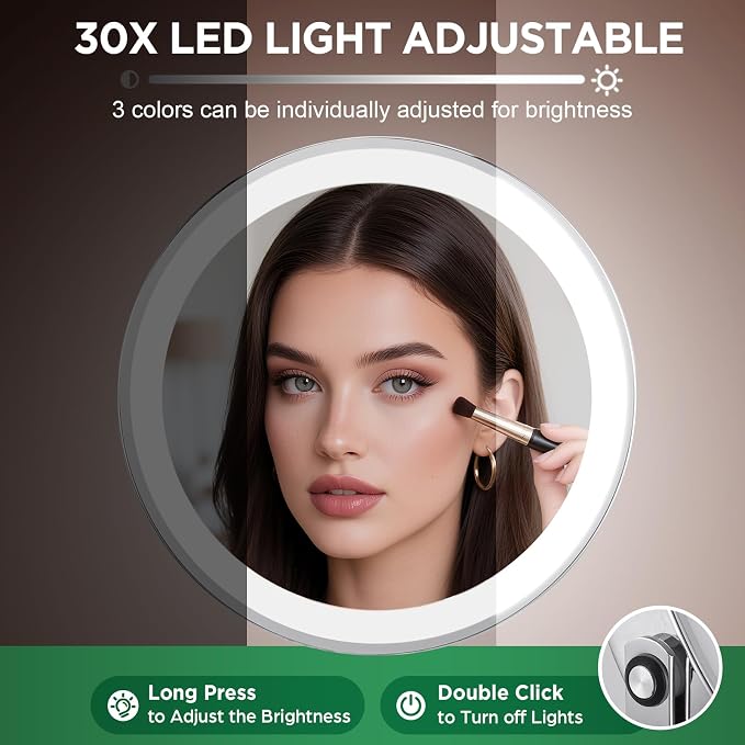 30x Magnifying Mirror, Chrome Lighted Makeup Mirror with 3 Colors Modes | Adjustable Brightness, 5000mAh Rechargeable, 360° Rotation Double Side, Large Magnifying Vanity Mirror, Gifts for Women