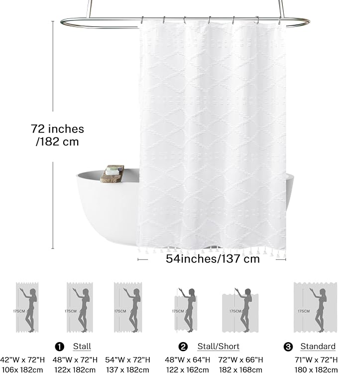 Stall Boho White Woven Fabric Shower Curtain with Tassels 54 x 72 Modern Farmhouse Minimalist Tufted Chevron Striped Shabby Chic Textured, Water Resistant Curtain for Bathroom, Hotel Decor