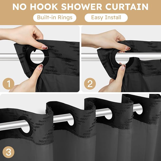 FADOTY Black No Hook Shower Curtain Set with Snap in Liner, 71'' x 86'' | Bathroom Hotel Fabric Curtain, Waterproof Washable Liner, See Through Top Window, Ringless Chevron Tufted Cloth Curtain