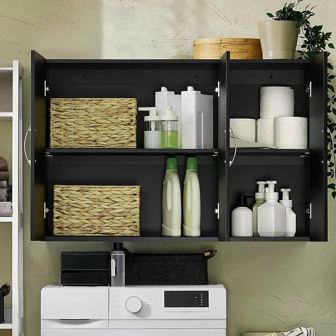 3-Door Wall Mount Bathroom & Laundry Cabinet, Wall Size, Black | 3-Door Wall Storage Cabinet With Adjustable Shelves, Over Toilet/Washer MDF Medicine Cabinet, HUS-FRG231-L