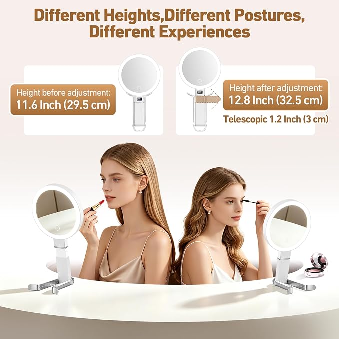 30X Travel Magnifying Mirror with Light, Height Adjustable Vanity Mirror with Phone Holder Stand, Portable Compact Handheld Makeup Mirror with Smart Display for Travel, Daily Makeup Use, White