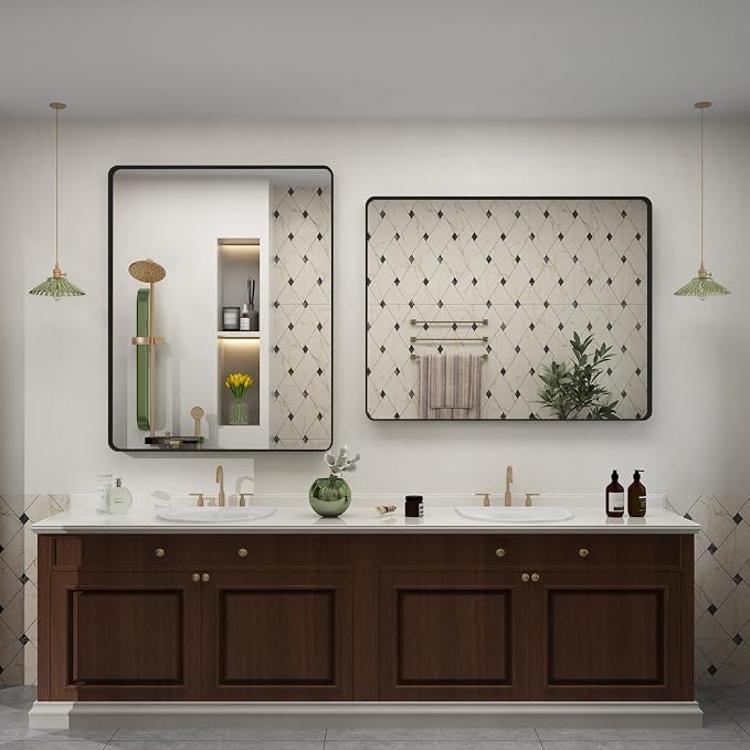 50x40 Inch Black Metal Framed Bathroom Mirror for Wall | Black Matte Bathroom Vanity Mirror, Rounded Rectangle, Anti-Rust, Tempered Glass, Hangs Horizontally or Vertically