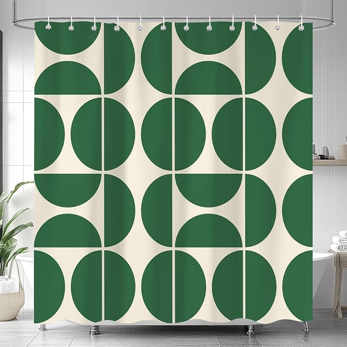 Green Mid Century Modern Shower Curtain, Boho Abstract Geometric Retro Art Bath Curtains for Bathroom, Colorful Unique Pattern Waterproof Polyester Fabric Bathroom Set 12 Hooks 72X78IN