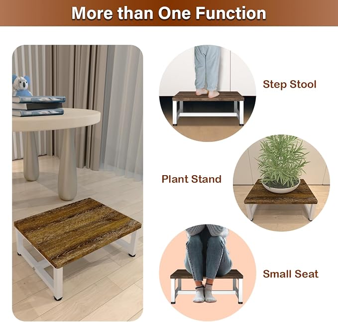 Wooden Step Stool for Toddlers Kids and Adults, Heavy Duty Stepping Stools with 300 LB Load Capacity, Foot Step Stool for Bed, Bedroom, Living Room, Bathroom, Kitchen - Rustic Brown & White