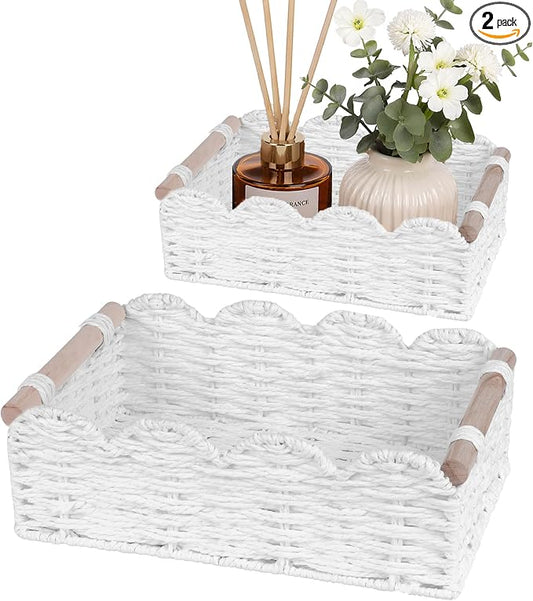 iEGrow Paper Rope Small Storage Baskets for Organizing, Set of 2 Scalloped Edge Wicker Basket with Wooden Handles Toilet Paper Basket for Over Toilet Storage Shelf, Home Decor, Living Room (White)