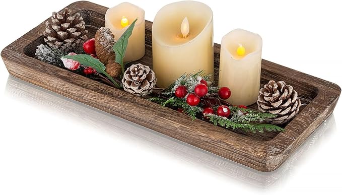 Romadedi Wooden Decorative Tray Candle Holder | Wood Long Narrow Tray, Home Decor, Small Rustic Centerpieces, For Coffee Table Dining Room Kitchen
