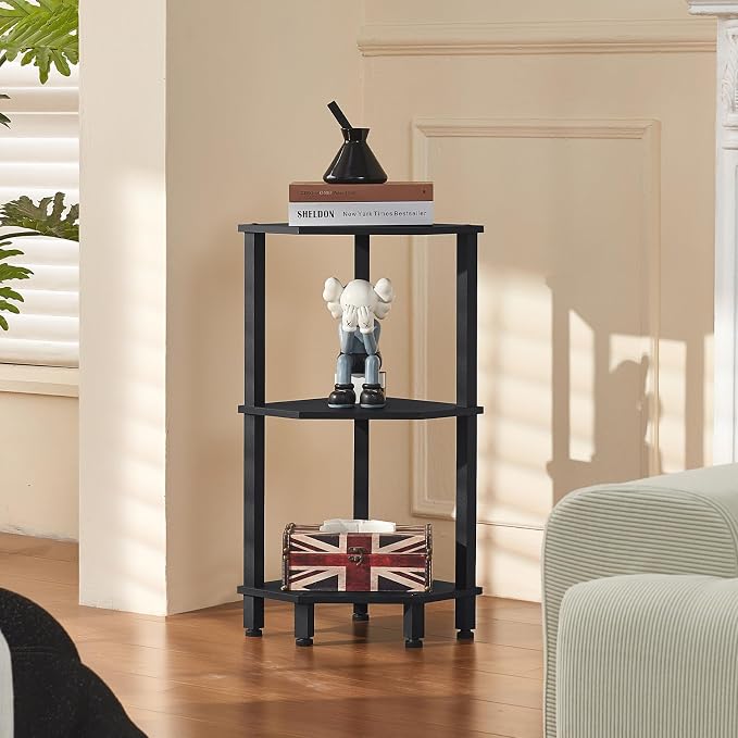 YUFAM 3-Tier Corner Shelf, Black | Wooden Small Corner Table with Sturdy 5-Leg Base, Wooden Corner Bookshelf for Adjustable Base