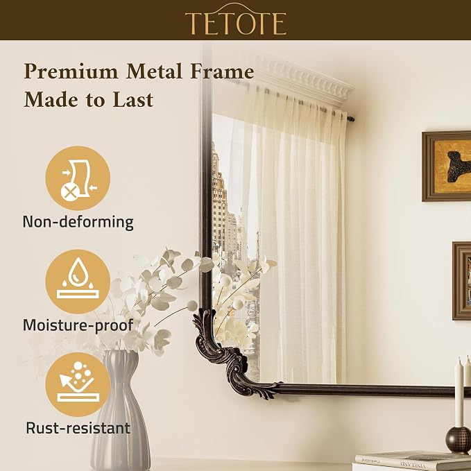 Baroque Antique Bronze Scroll Wall Mirror 48 x 30 Vintage Rectangle Framed Baroque French Rectangular Mirror for Mantle Fireplace Bathroom Living Room, Horizontal/Vertical