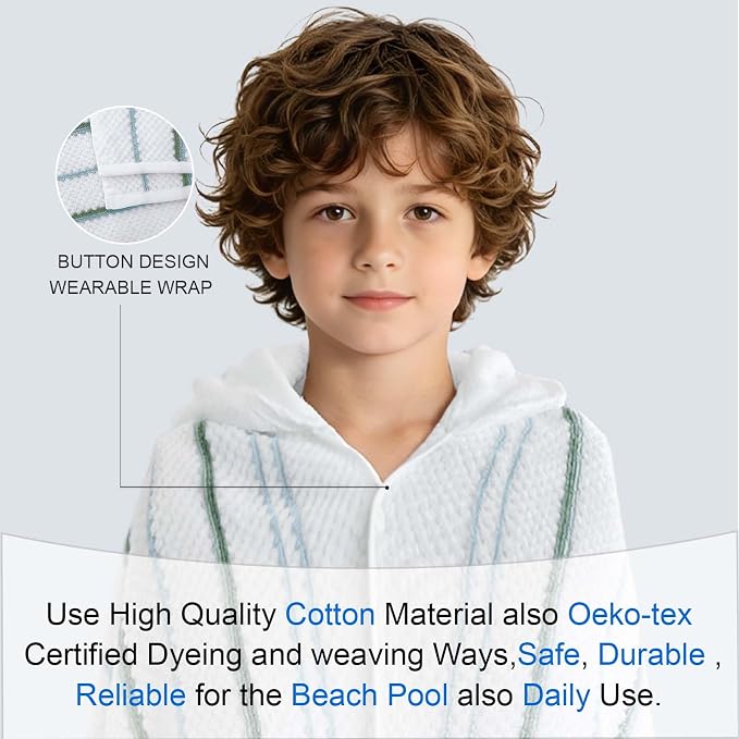 VOOVA & MOVAS Big Kids Hooded Towel, 8+, 100% Cotton, White Blue Green | Multi-Color Horizontal Stripe, Soft, Absorbent & Quick Dry, Ideal for Pool, Beach and Bath Time