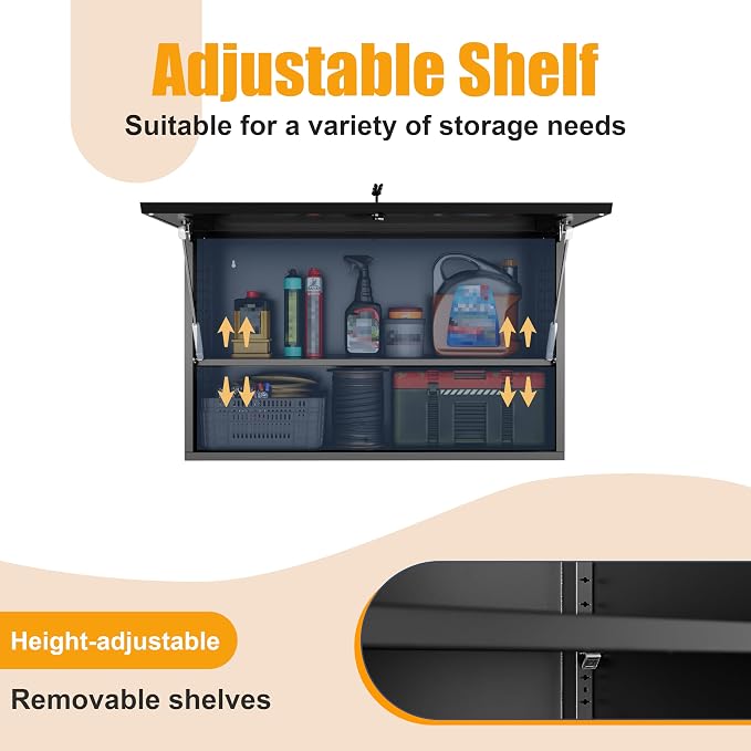 Garage Wall Cabinet, Metal Tool Cabinet with Lock&Adjustable Shelf | 20"H Wall Mounted Garage Storage Cabinets with Up-Flip Door, Black Steel Floating Locker for Basement, Workshop, Kitchen