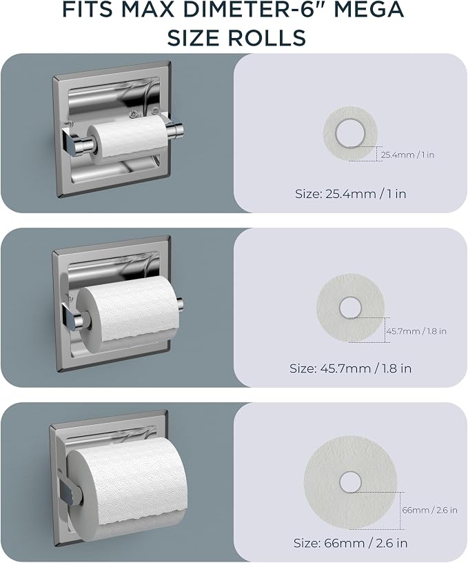 FORIOUS Recessed Toilet Paper Holder for Mega Rolls, Chrome | Stainless Steel Tissue Roll Holder Wall Mount for Bathroom Space-Saving Design, in Wall Toilet Paper Dispenser Insert
