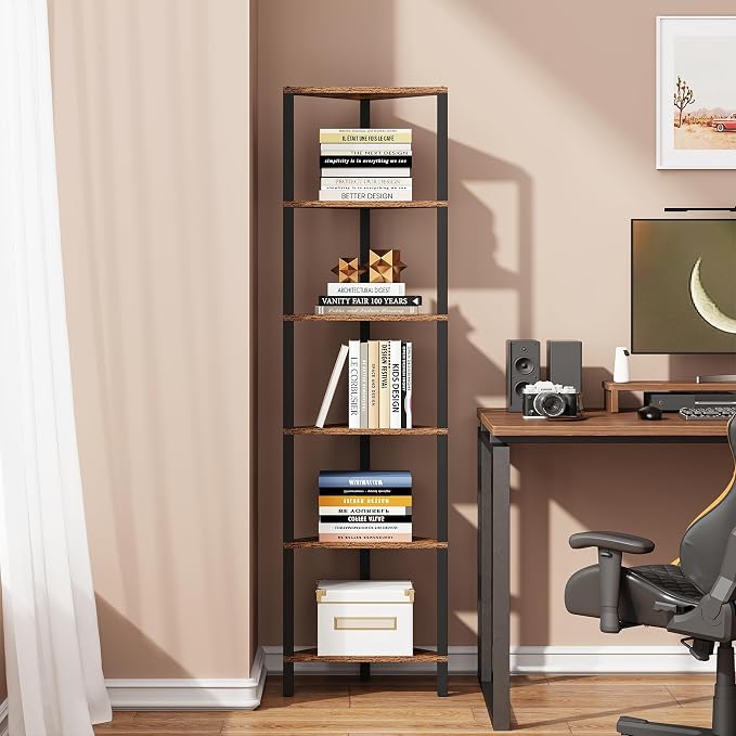 TUTOTAK Corner Shelf, 6-Tier Corner Bookshelf for Small Space | Narrow Display Corner Shelf Stand with Storage Rack, for Living Room, Bedroom, Rustic Brown BS05BB006