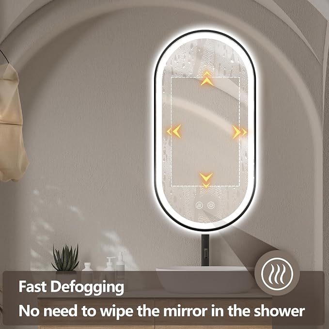 Oval LED Bathroom Mirror, Backlit + Front Lit Mirror Black Frame | 3 Color Dimmable, Anti-Fog, 48"x24", Memory Function, Shatter-Proof, HD Glass, Pill-Shaped Mirror, Vertical or Horizontal