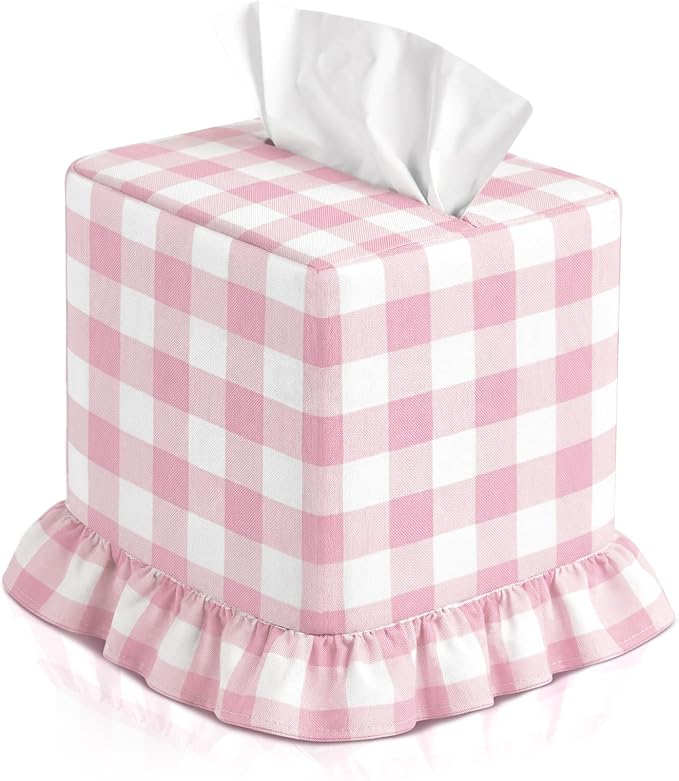 Pink Gingham Tissue Box with Ruffled Cover Cottagecore Handmade Decorative Gingham Napkin Holder for Home Bedroom Living Room Bathroom Vanity Countertop Car Office Kitchen