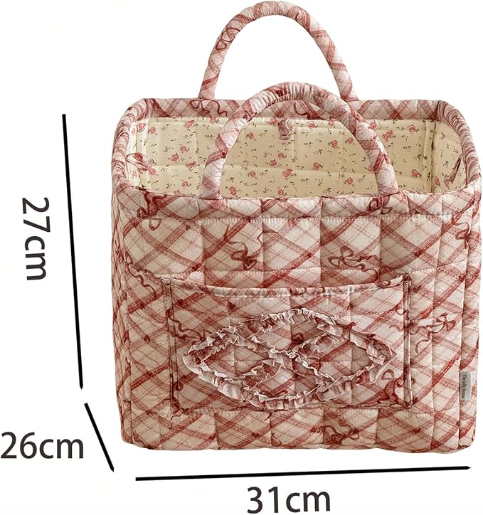 Storage Basket Boho Fabric Large Collapsible Floral Laundry Nursery Hamper Portable Folding Storage for Clothes Toys (Red Bow)