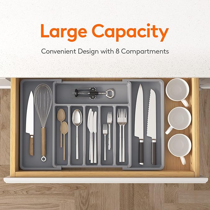 Lifewit Extra Large Silverware Drawer Organizer, Expandable Utensil Tray for Kitchen, BPA Free Flatware and Cutlery Holder, Adjustable Plastic Storage for Spoons Forks Knives, 13-22 x 15, Gray