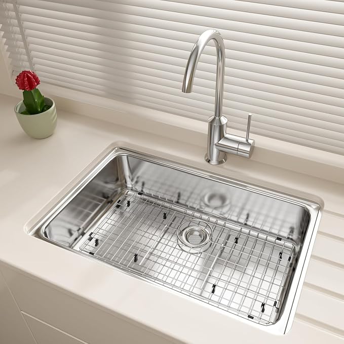 Slideep Sink Bottom Grid, Stainless Steel Sink Protector 28.4"L X 14.2"W Rear Drain Hole, Sink Grate Rack for Bottom of Kitchen Sink Single Bowl with Sink Strainer